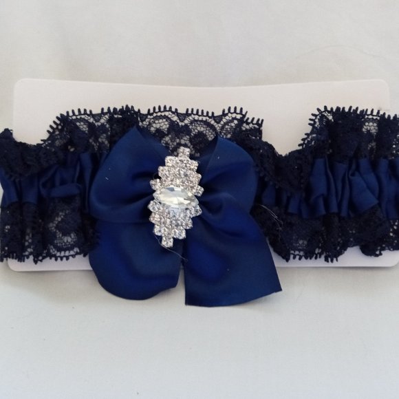 Navy Blue Wedding Garter with Rhinestones - Picture 1 of 1